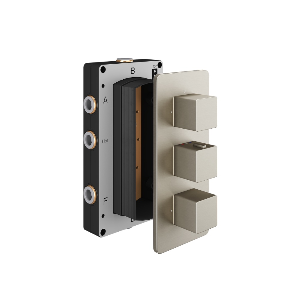 Product Cut out image of the Abacus Square Brushed Nickel 3 Outlet 3 Handle Thermostatic Shower Valve
